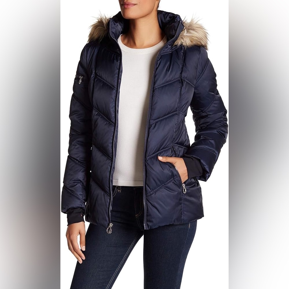 Nautica. Faux Fur Trim Hooded Puffer Coat, Navy XS